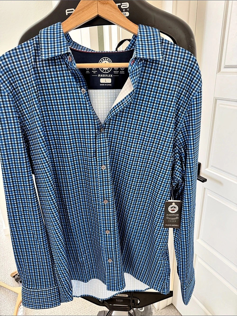 Flag & Anthem Madeflex Checkered Button Down Blue & White Size Large NWT